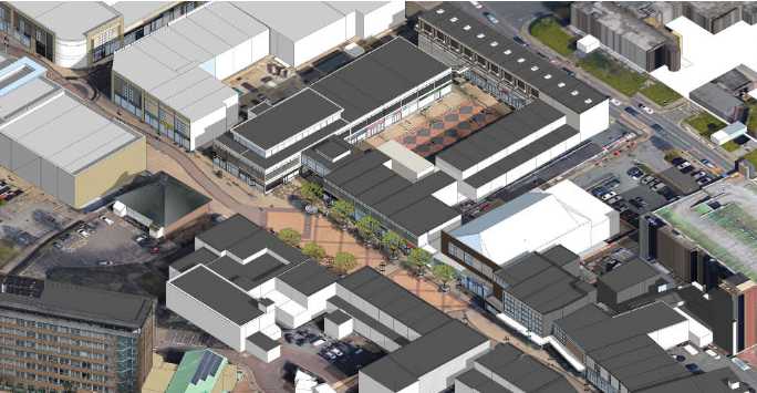 Aerial view of Huyton with proposed buildings superimposed.