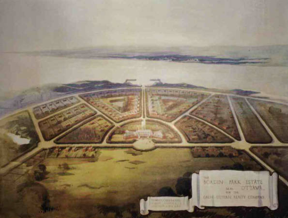 Aerial watercolour painting of a planning scheme. A planned city sits on the edge of a river with hills visible on the other side of the water.