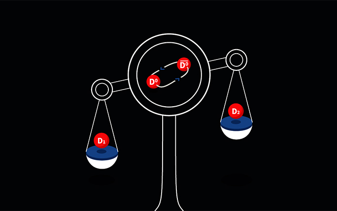 The LHCb collaboration has measured the tiny mass difference between the D1 and D2 mesons, which are a manifestation of the quantum superposition of the D0 particle and its antiparticle.