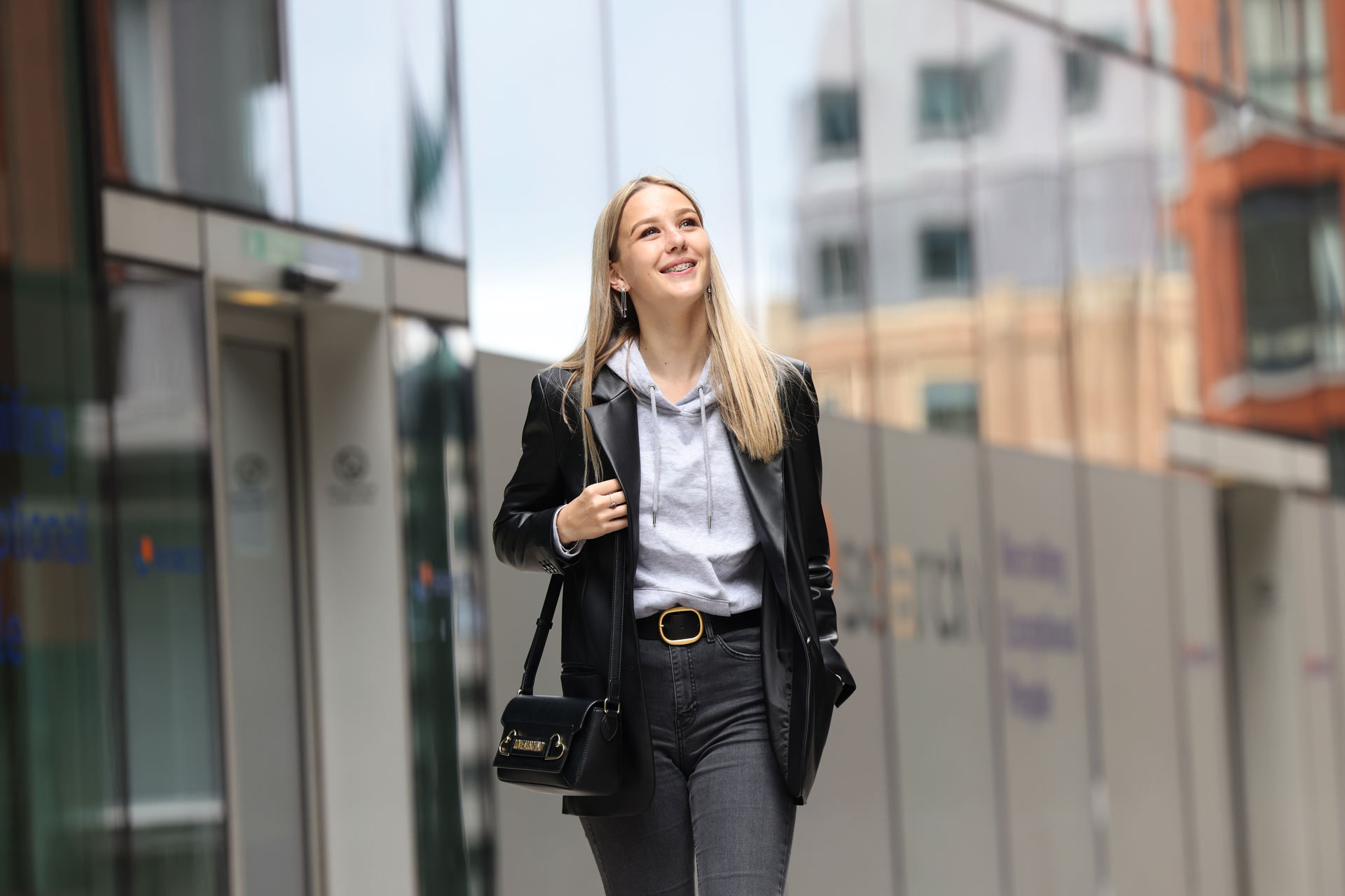 A student walking in the city