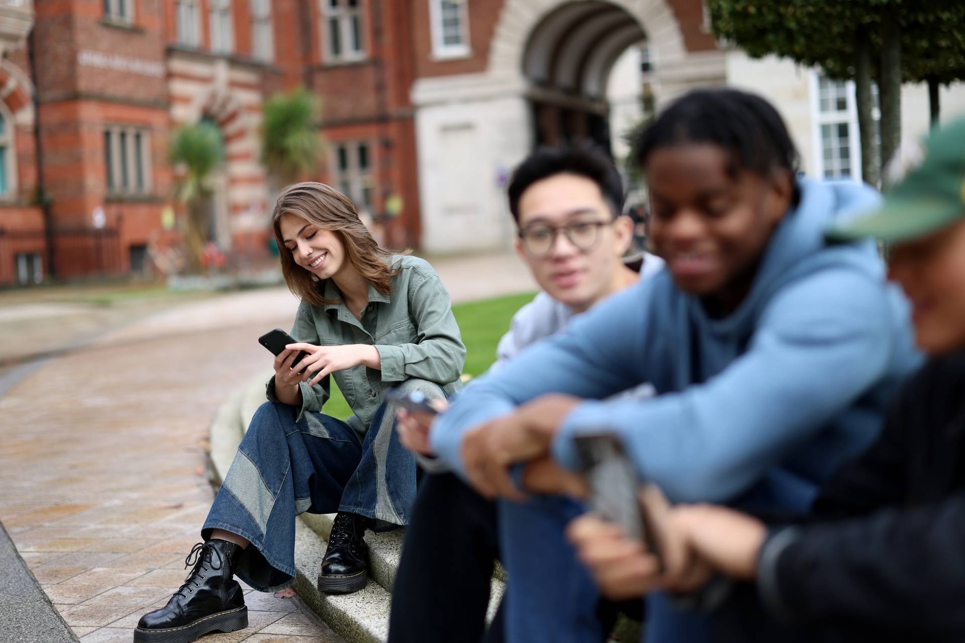 students on campus steps