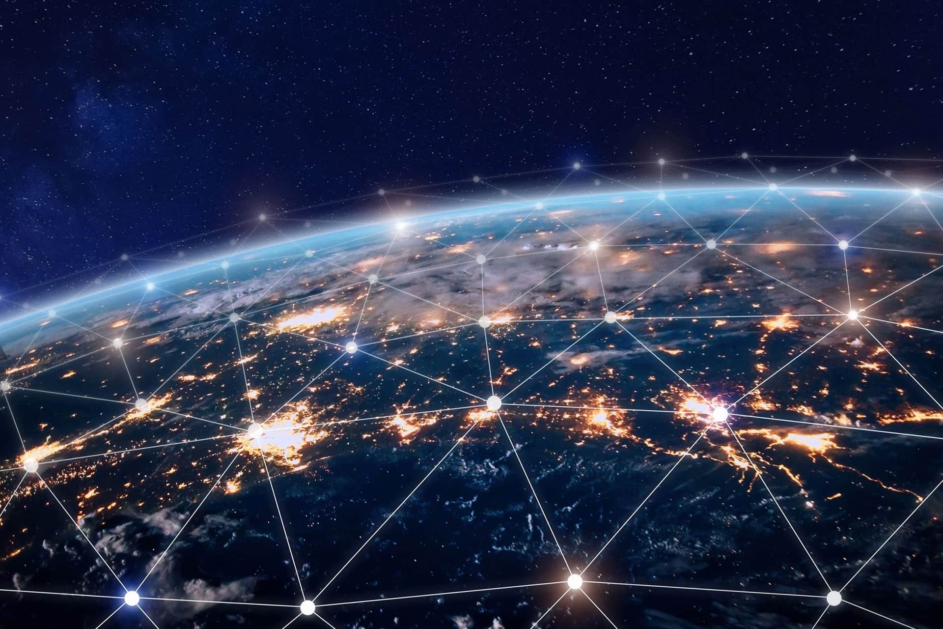 View of earth from space with countries connected by light lines