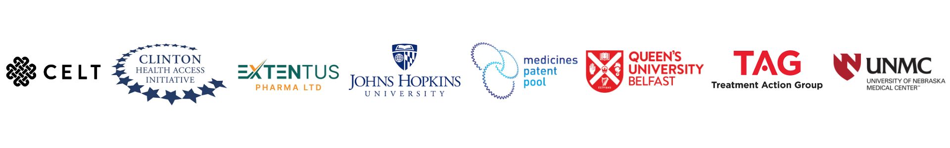 A line with each LONGEVITY partner logo in a line: CELT, CHAI, Extentus Pharma Ltd, Johns Hopkins University, Medicines Patent Pool, Queen's University Belfast, TAG and University of Nebraska Medical Center