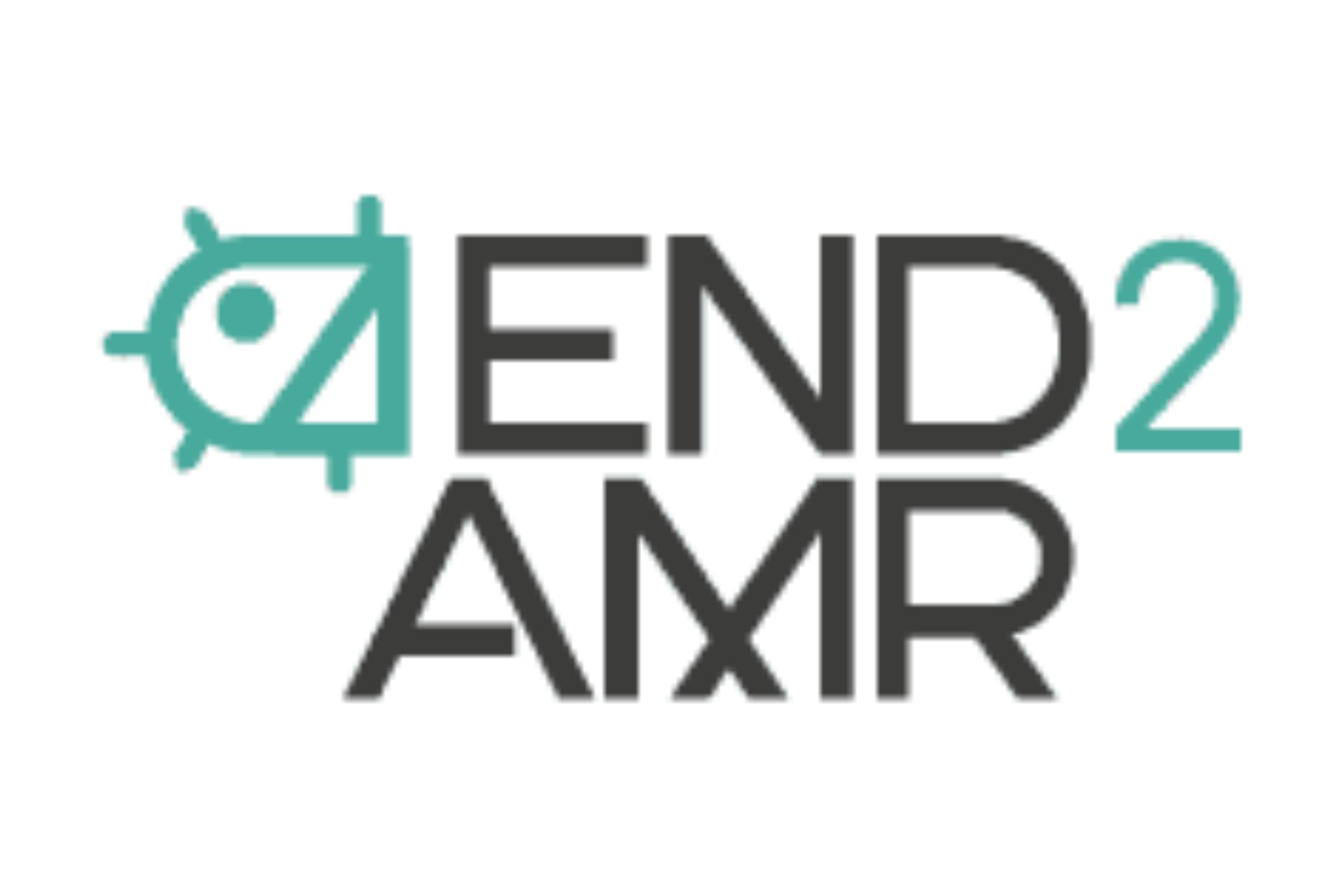 the END2AMR logo is a microbe with the text 