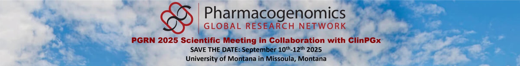 A blue sky mottled with clouds. The Pharmacogenomics global research network logo is at the top with text underneath reading 