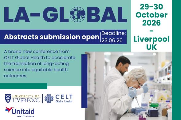 Two scientists work in their lab. The LA-GLOBAL logo is at the top, there are event details and the tagline 