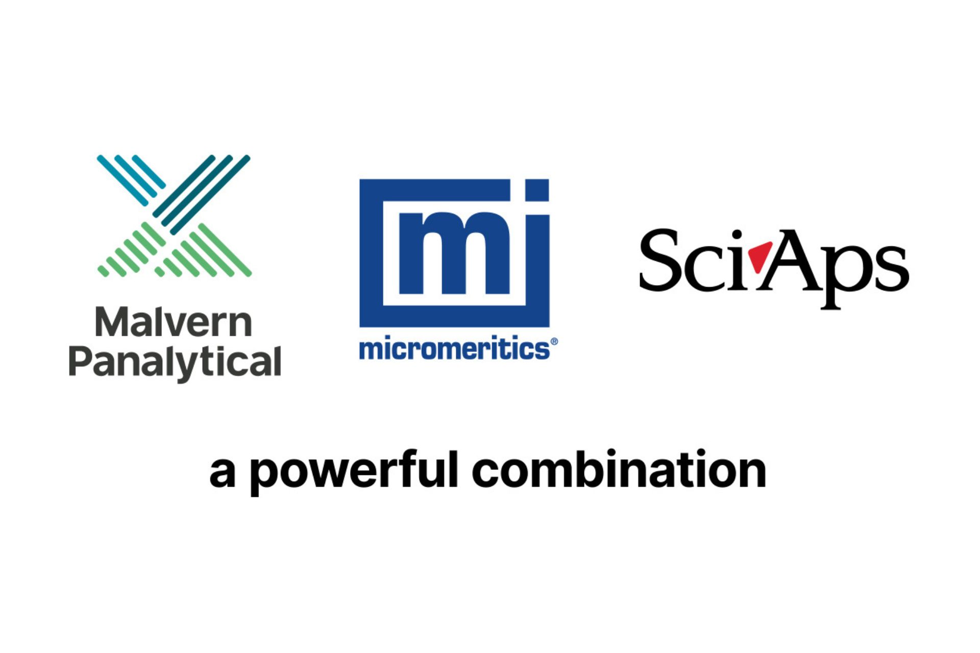 Malvern Panalytical's logo is three logos in a line; Malvern Panalytical, Micromeritics and SciApps, with the words 