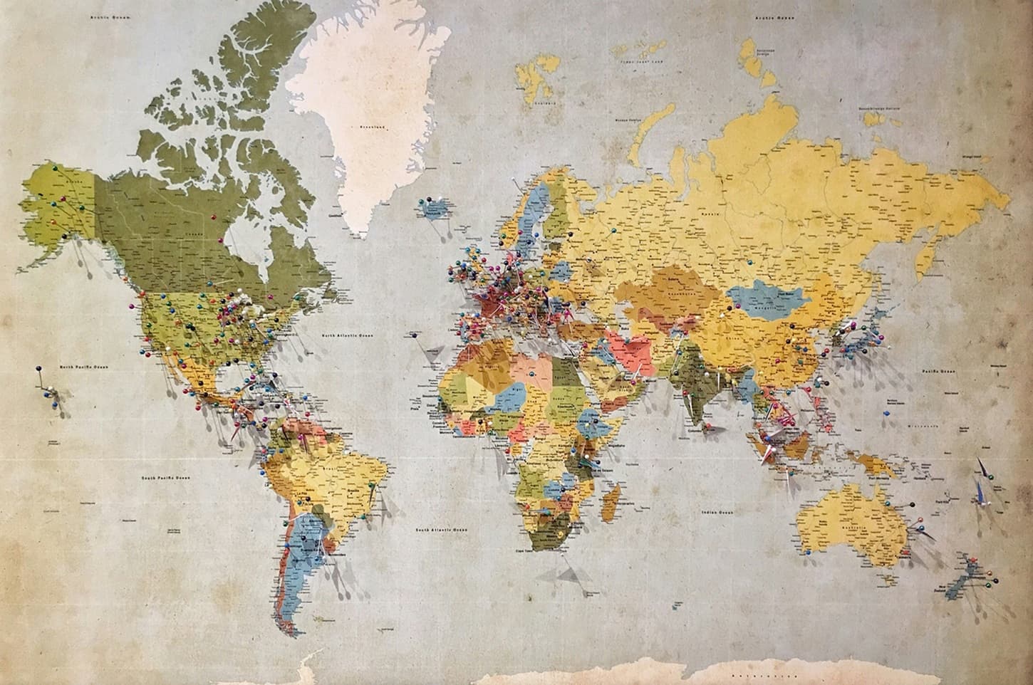 A global map with indication pins stuck in at different points