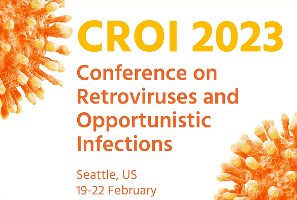 The CROI 2023 poster is the conference name with two virus illustrations to either side