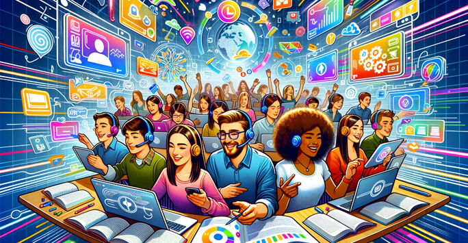 A cartoon of a diverse group of students gathered in a lecture in-front of a primarily blue background with streaks of yellow, red, pink, green and purple. They are using laptops, tablets and books as interactive learning materials while wearing headsets.