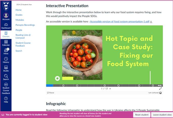 Screenshot taken of a H5P activity embedded in a Canvas course. The activity features is an interactive presentation of a case study of problems in the food system