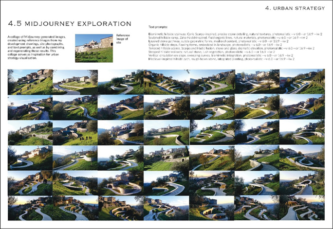 A collage of Midjourney generated images, created using reference images, site photographs and text prompts, serving as inspiration for urban strategy visualisation