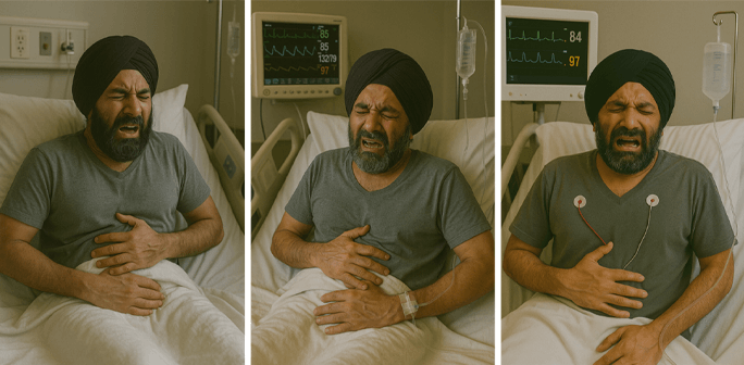 Three images of a bearded man with turban headwear in a hospital bed holding his chest in pain.
