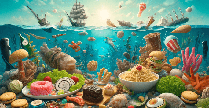 Food under the sea with ships floating on the sea