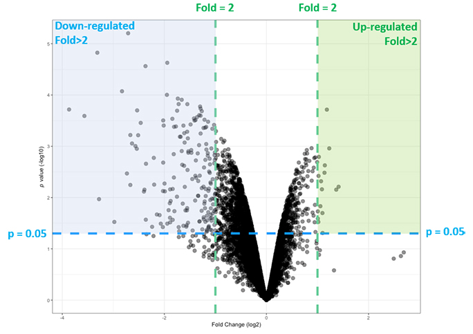 Quantification of protein abundances. The relative up and down regulation of each protein (each dot) from a pairwise comparison displayed in a volcano plot