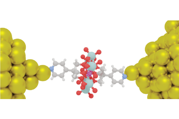 A molecular structure featuring a yellow sphere and a blue sphere, representing different atoms or components.