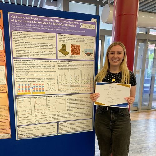 Phot of Lucy Walters standing by her poster