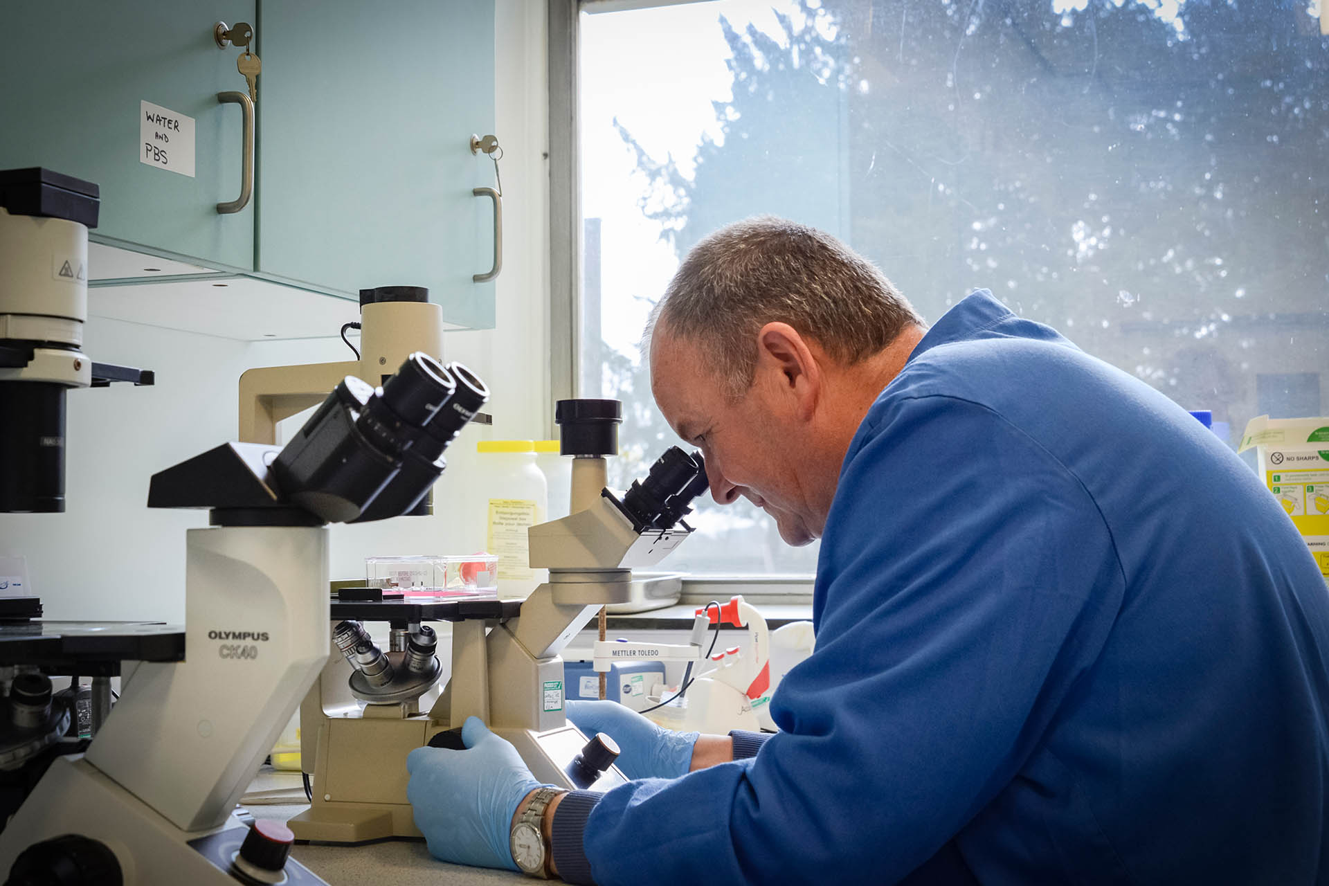 Male scientist using a microscope in a lab