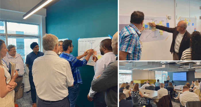 Three pictures in a collage, various people working in groups, adding post-it notes to A3 paper stuck on the wall