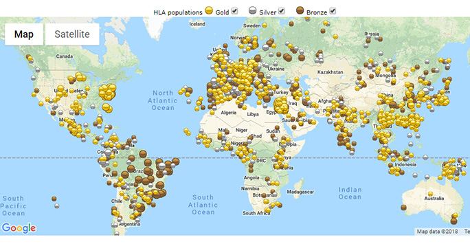 Map showing HLA populations in the ALLele Frequency Net Database