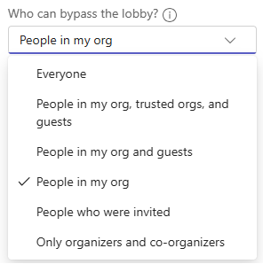 Screenshot of teams lobby control menu for calls