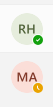 Screenshot of two user icons in Microsoft Teams the first includes the initials RH and has a green available symbol the second includes MA initials with an away symbol