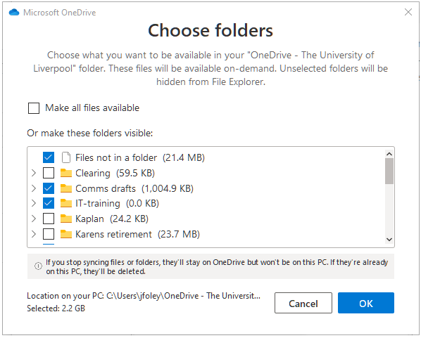 onedrive sync selection