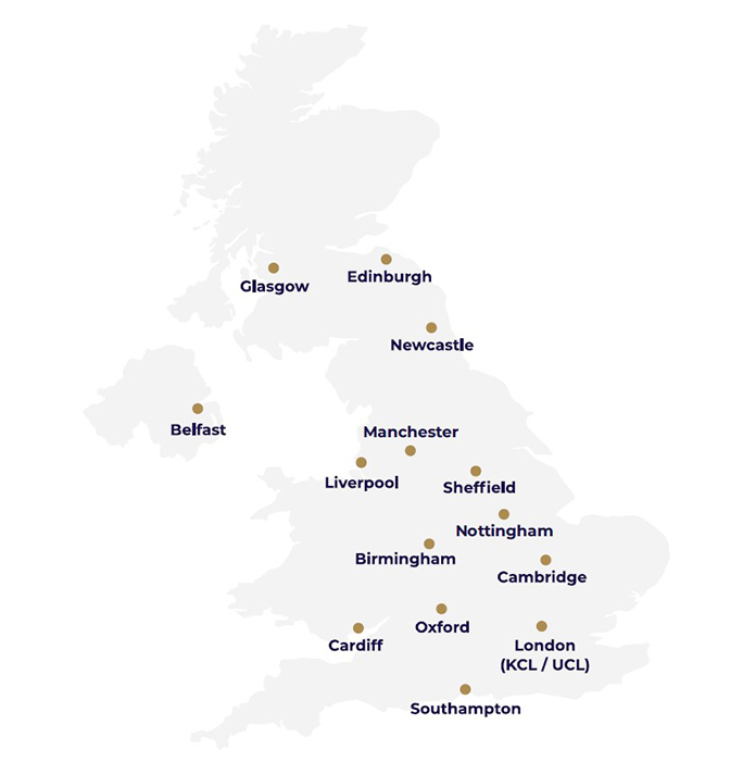 A map showing institutions and trusts that are part of the COVID-CNS consortium. 