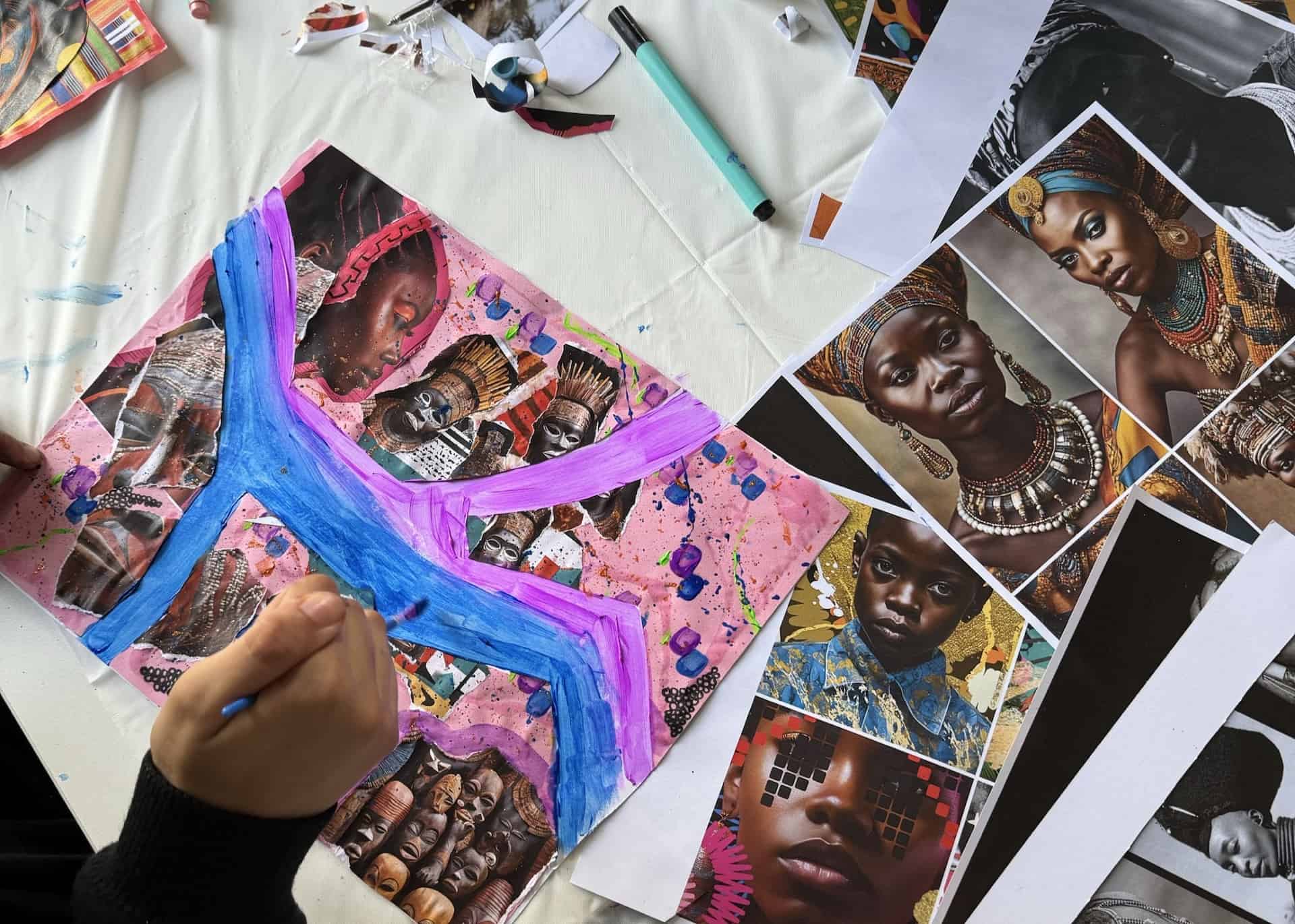 A person's hand holding a paint brush and creating a piece of art work, with other stimulus images around them.