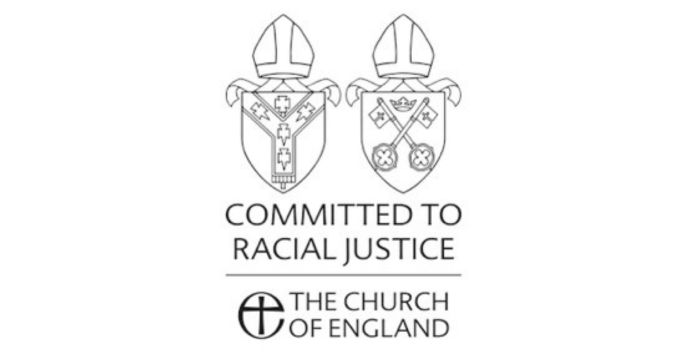 Crests of the Church of England with 'committed to racial justice' written below, with the Church of England logo beneath