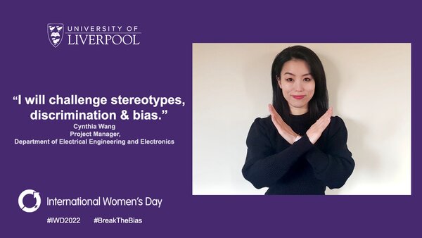 Image of Cynthia Wang crossing her arms to support BreakTheBias- IWD 2022 social media card 2022