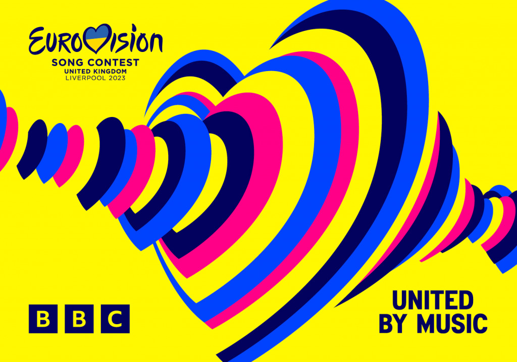 An image of the Eurovision 2023 logo which is overlaid hearts viewed from the side with the words 'United by Music' as well as the logo for the BBC
