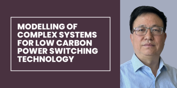 A picture of Professor Joseph Yan alongside a graphic on a burgundy background with the title of his inaugural lecture in white which says 'Modelling of complex systems for low carbon power switching technology'