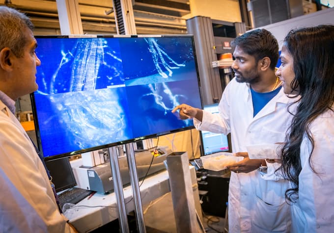 Three Civil Engineering researchers standing around a screen analysing materials