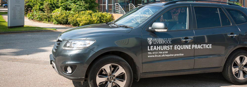 A car parked outside the Philip Leverhulme Equine Hospital.