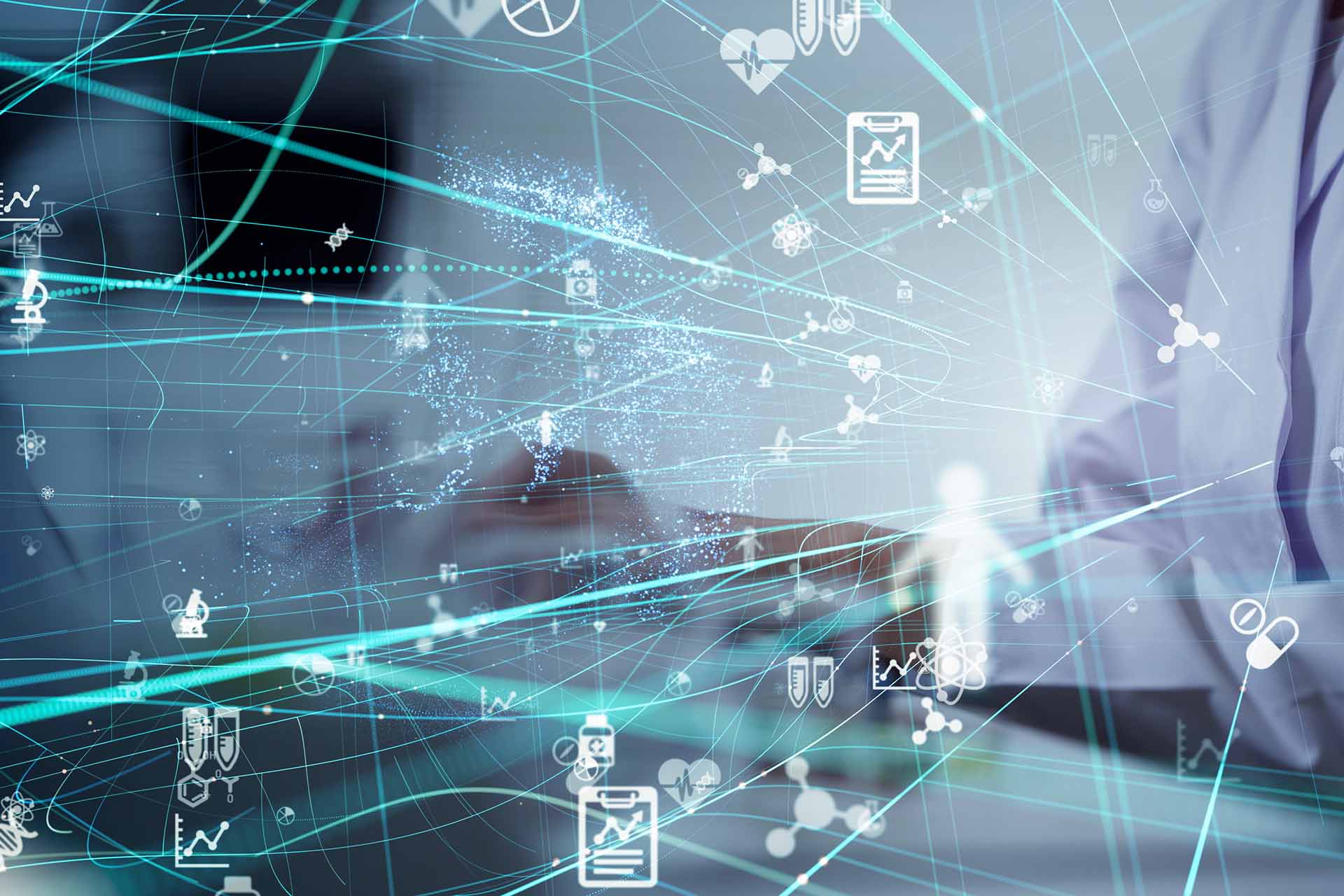 graphic of health data icons laid over a background showing a doctor in a lab