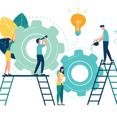 Animated image of people looking at ideas and results