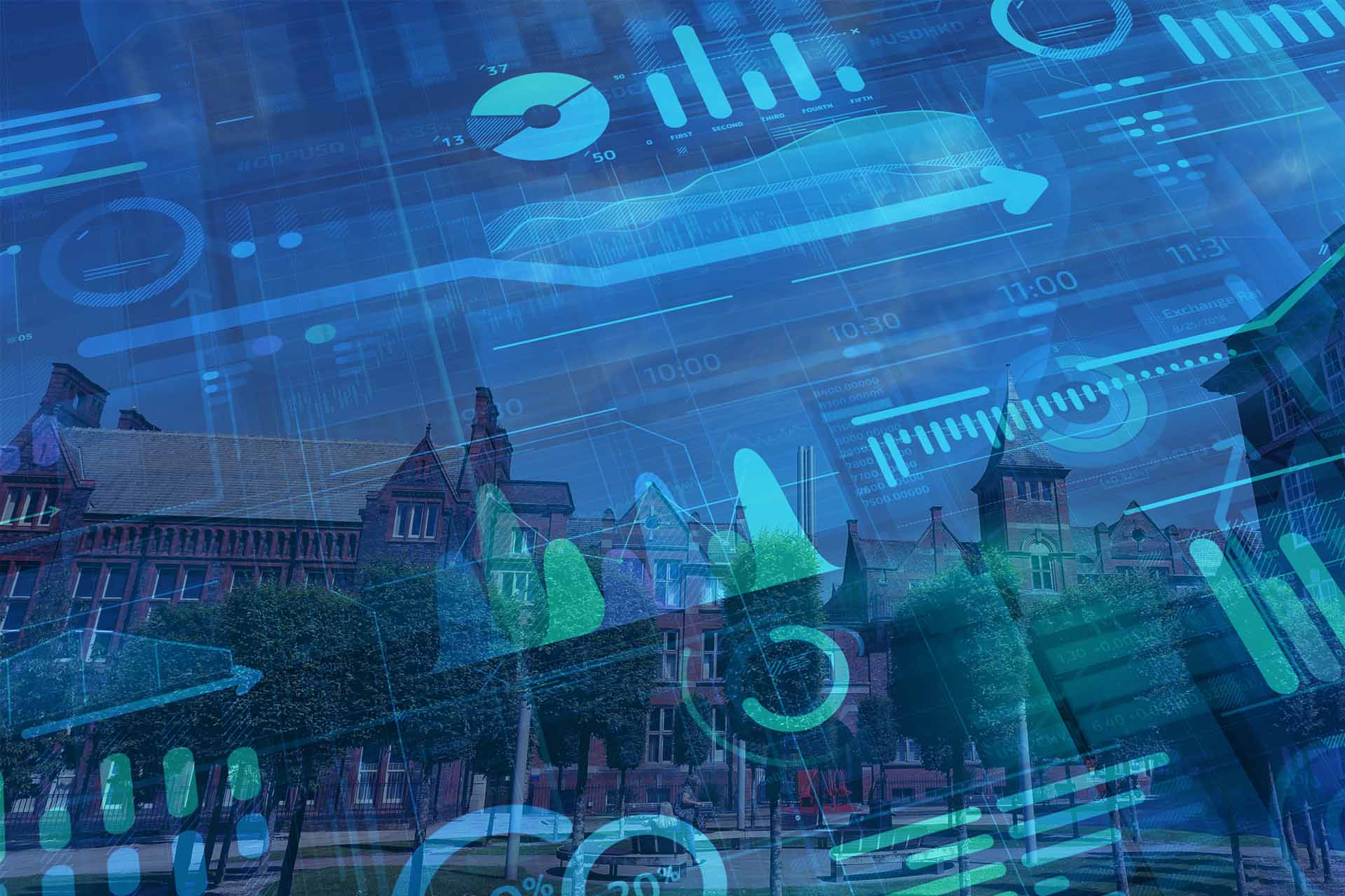 graphs charts and tables superimposed over an image of the unviersity of liverpool quad