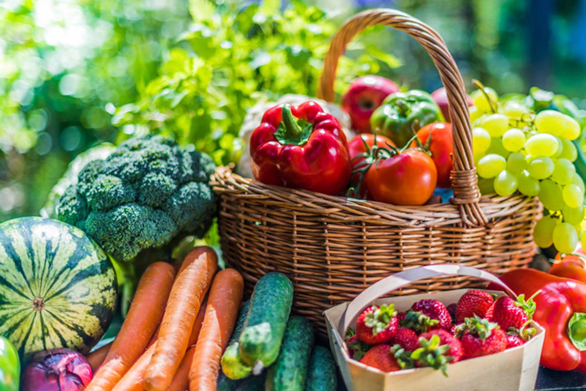 image of baskets of fruit and veg at a market