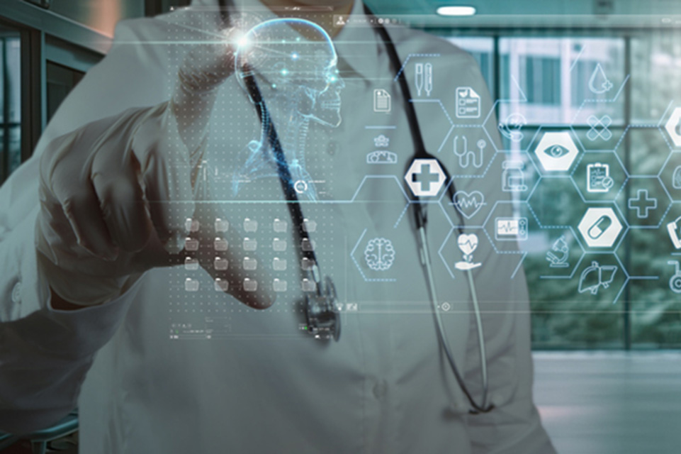 Image showing a doctor using a digital interface to display health statistics.