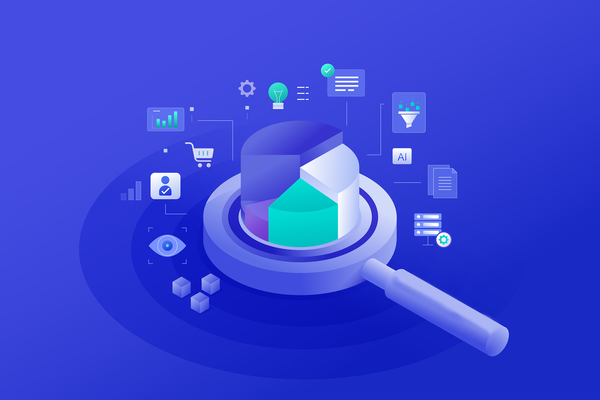 image of magnifying glass held over digital icons in an animated style