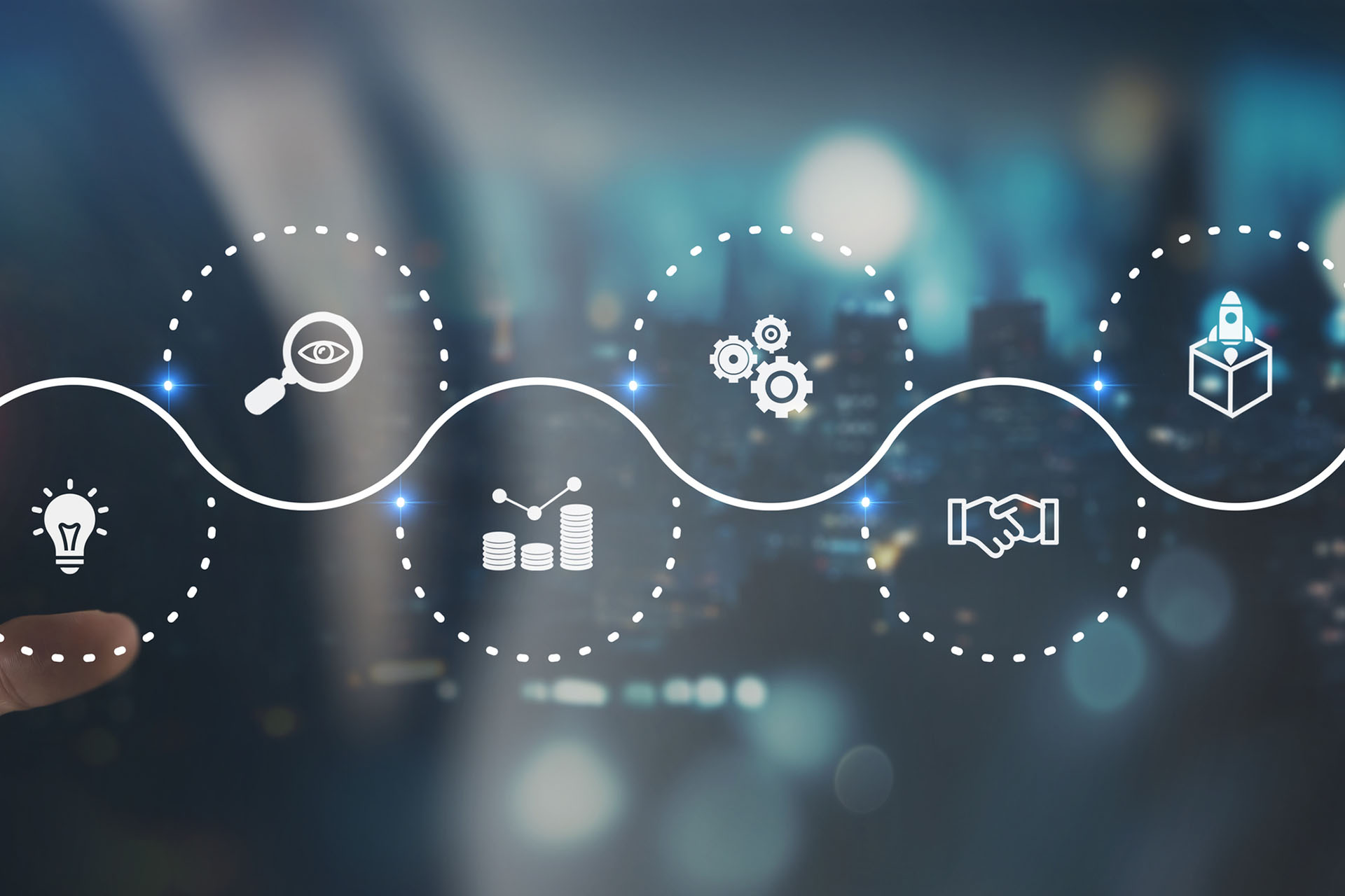 graphic showing partnership and research timeline, overlaid on a background of people working in an office