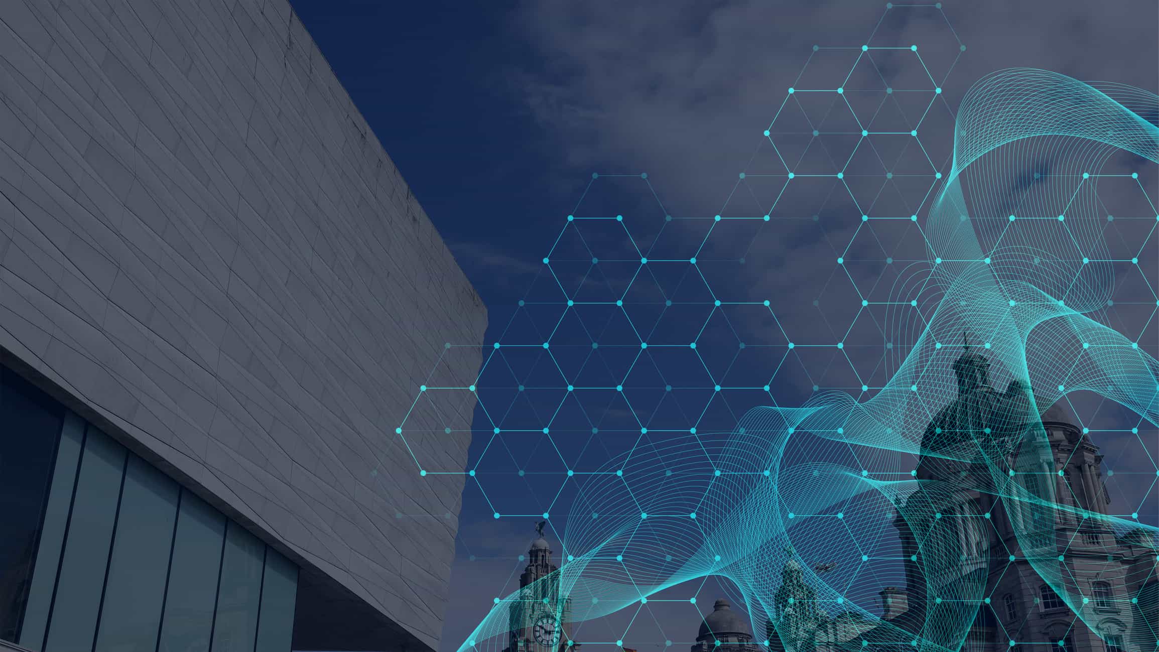 graphic showing a data matrix connecting different nodes, overlayed on top of an image of the Liverpool world museum.