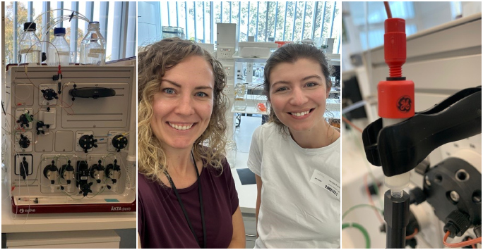 Informal smiling image of Dr Libby Duigan and a collegue in a laboratory