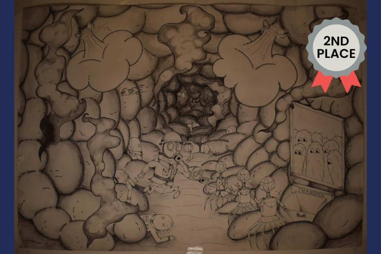 A handrawn image of the inside of a gut imagined as a battlefield with a silver 2nd place medal in the top right corner.