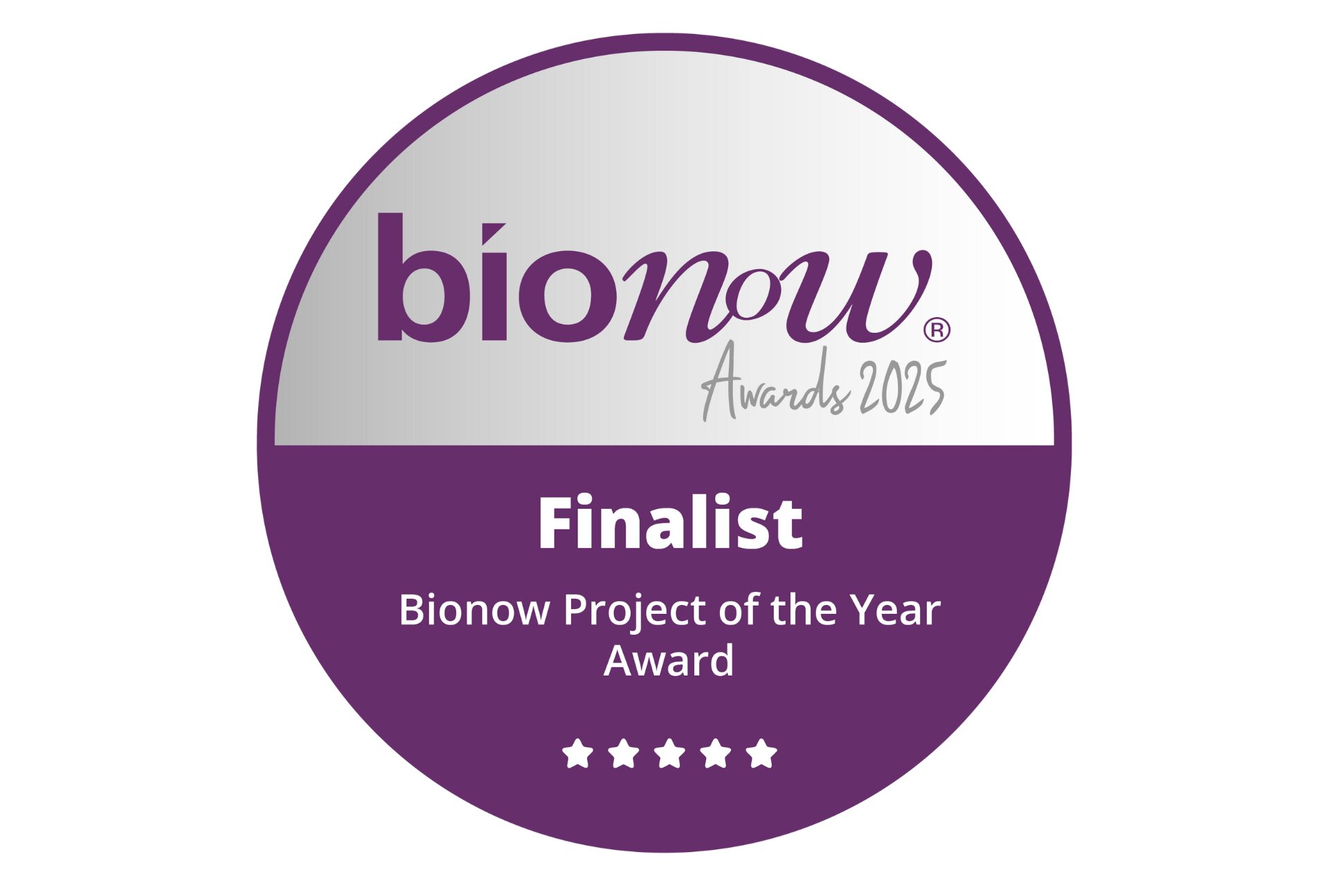 A graphic of a finalist sticker that reads \'Bionow awards 2025, Finalist, Bionow Project of the Year Award\' with five white stars underneath