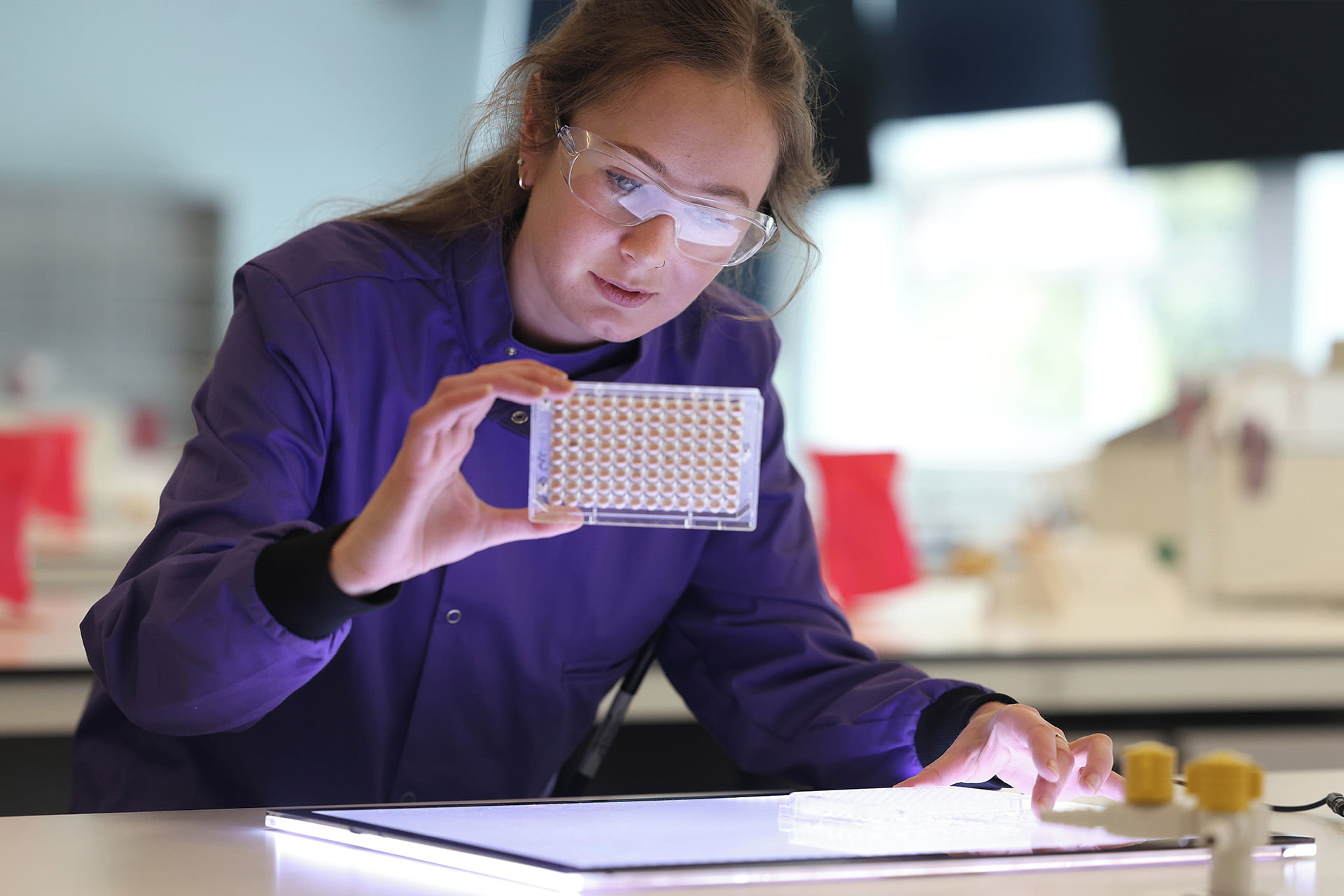 Female chemist in a lab looking at samples
