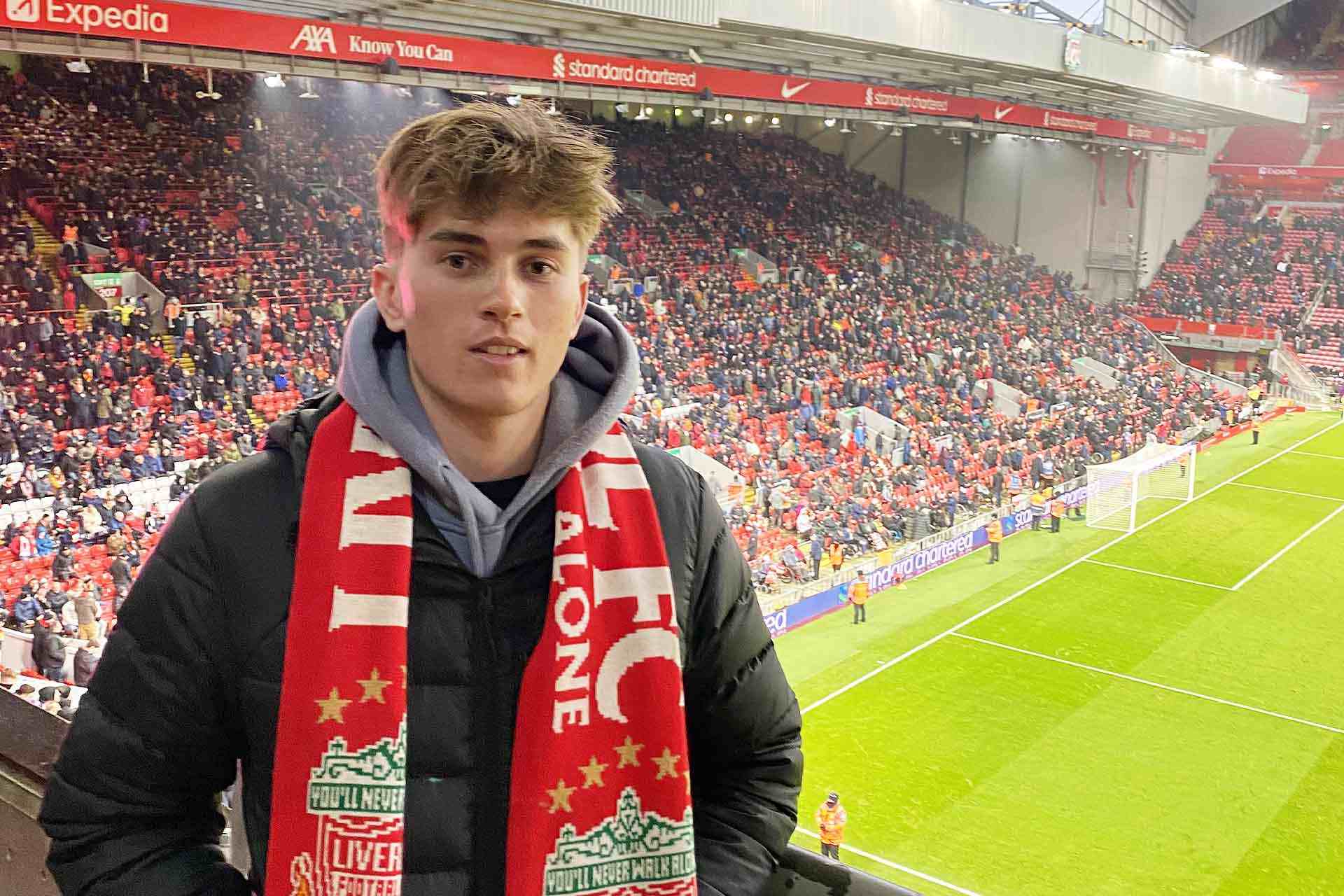 Global Opportunities student at a football match in Anfield Stadium, Liverpool