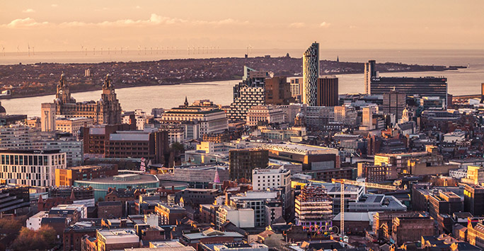 Aerial shot of Liverpool city centre and the River Mersey