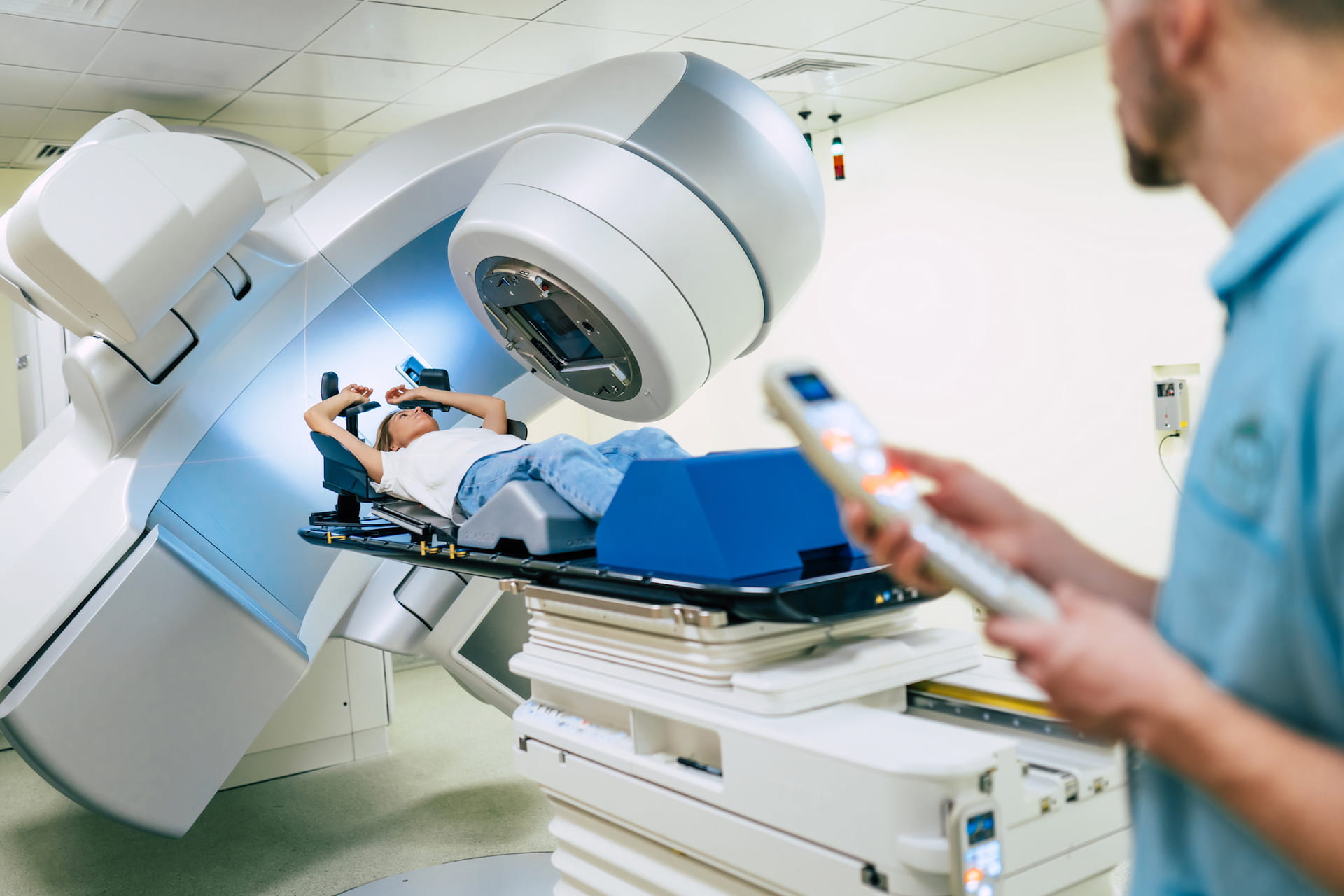 Woman receiving radiotherapy on a linear accelerator machine